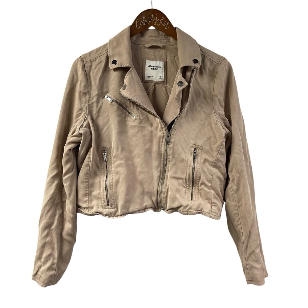 Abercrombie & Fitch Motorcycle Style Jacket M Tan Cotton Asymmetrical Zip